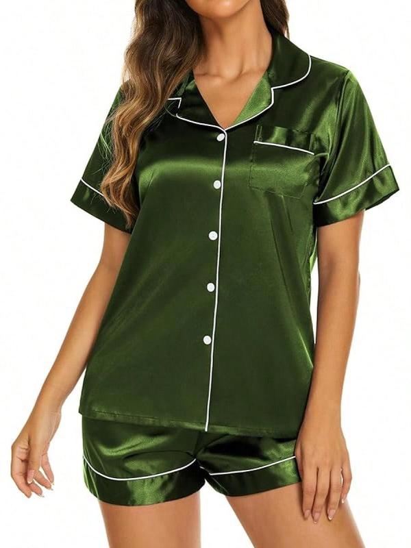 Silk Pajama Sets Womens 2 Pieces Short Sleeve Sleepwear Soft Button Down Loungewear Satin Pjs Shorts Lounge Set S XXL - Army Green