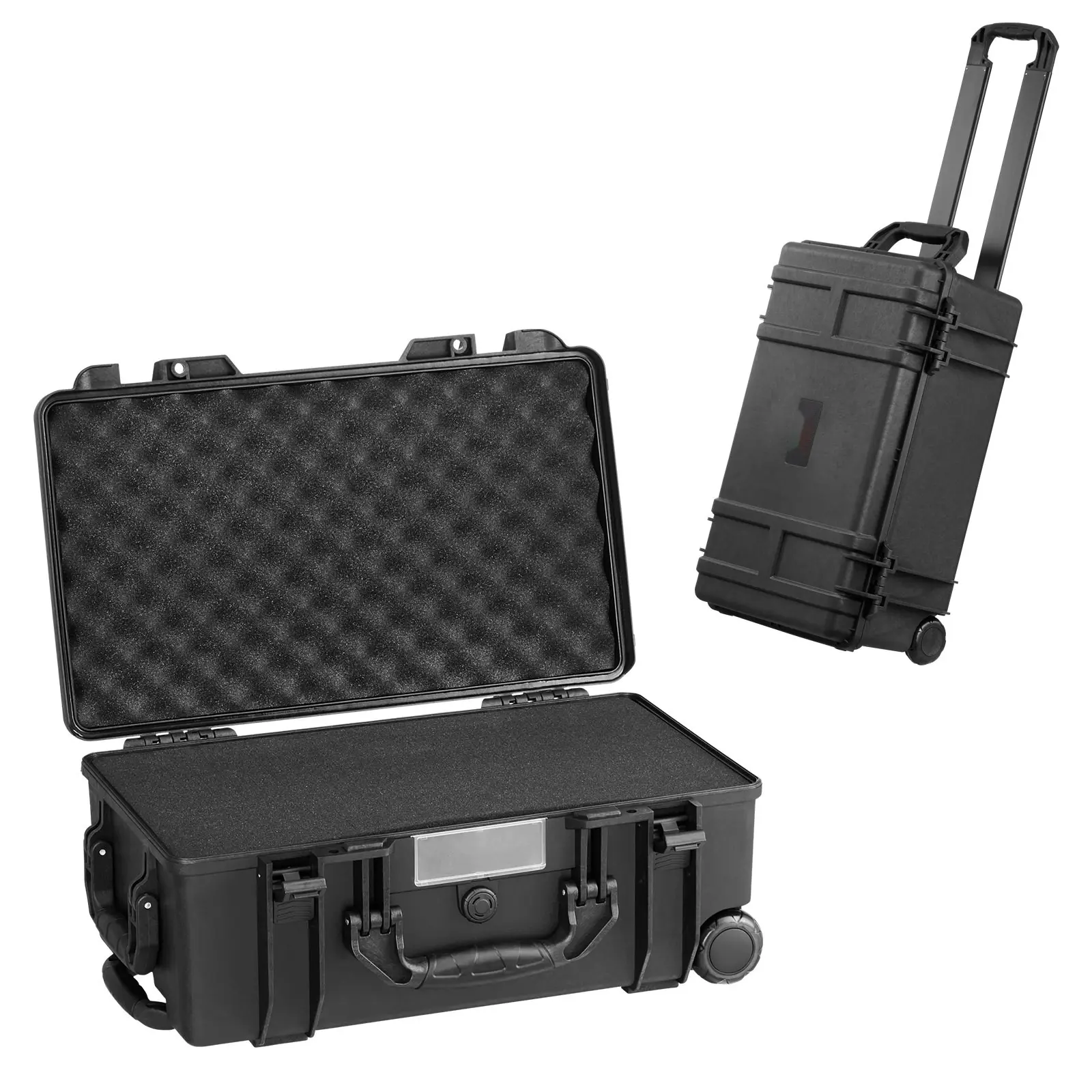 1.58 Cu Ft Weatherproof Hard Case With Retractable Pull Handles And Smooth Rolling Wheels, Portable Equipment Storage Box For Travel, Dustproof Waterproof And Impact Resistant Polypropylene Construction, Secure Latches