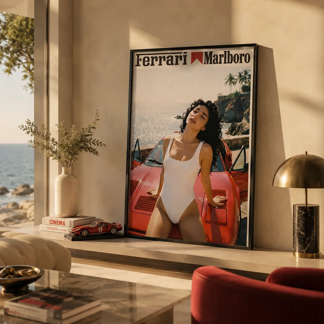 Ferrari Marlboro Vintage Coastal Pinup Girl Framed Canvas Wall Art, Retro Red Sports Car Beach Ocean Poster, Old Film Grain Tropical Palm Print, Man Cave Bar Lounge Garage Decor, Masculine Retro Racing Aesthetic Wall Hanging Gift
