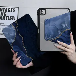 iPad Pro 11 Inch Protective Case, Air 5/4/3 Gen, 10th/9th/8th Gen, Deep Sea Blue Gold Marble, 360° Rotating Stand, Shockproof, Pen Slot