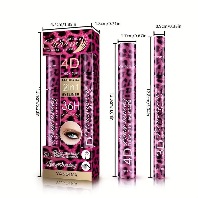 Leopard Print 2-Piece Eyebrows/Eyes Makeup Set - Alcohol-Free Waterproof 4D Silk Fiber Mascara, Black Liquid Liner Pen Cosmetic Multi-Pack, Two Piece Set, Eyeliner