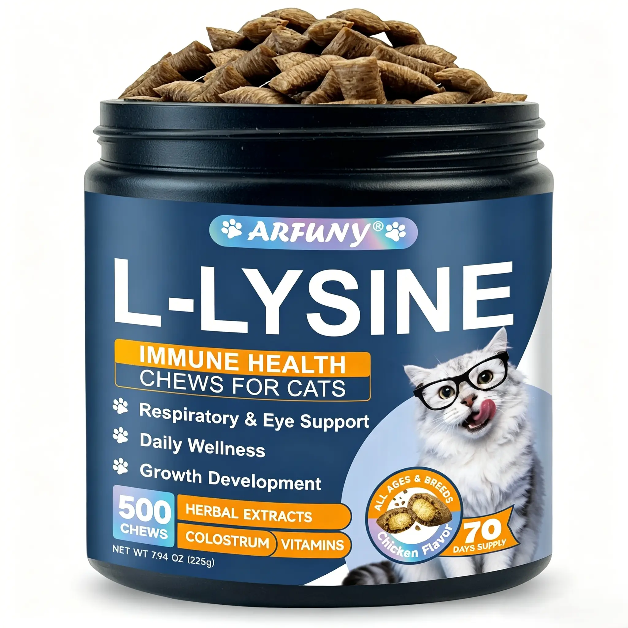ARFUNY Cat L-Lysine Amino Acid Chewables - 500 Chicken-Flavor Dual-Texture Supplements with Taurine, Beta-Glucans, Bovine Colostrum, Creamy Core, Grain-Free, Immunity Boost - 24-Month Shelf Life, All-Age Friendly, Supports Immune & Eye Health