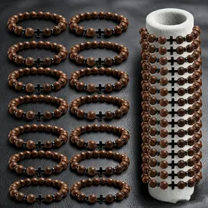 28Pcs Christian Cross Bracelets for Men Women, Wood Beaded Stretch Bracelets, Religious Catholic Prayer Bracelets Bulk, Vintage Casual Daily Wear Jewelry Gifts