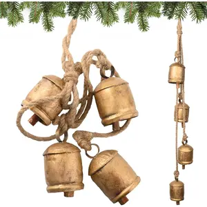 Christmas Bells - 4 Vintage Cluster Cow Bells on Rope, Hanging Decorative for Wall, Bedroom, Living Room, Door, Harmony Handmade Rustic (Gold)