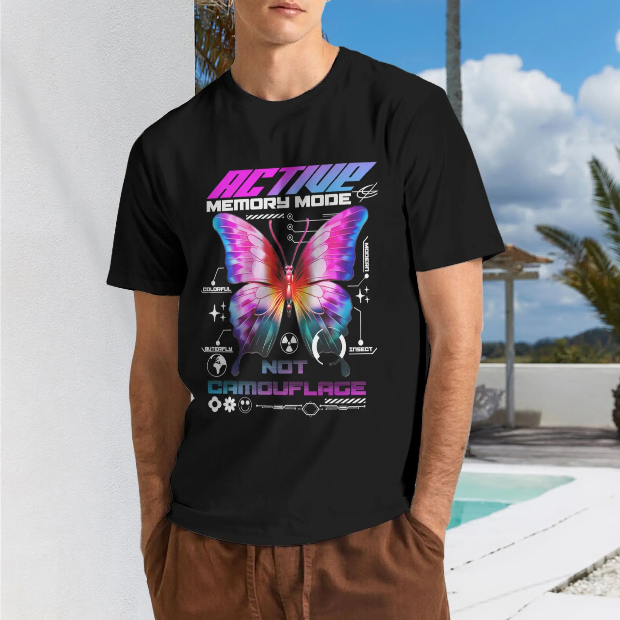 Active Memory Mode Holographic Butterfly Techwear Tee Iridescent Gradient Print Y2K Futuristic T-Shirt #Techwear #HolographicTee #ButterflyGraphic #FuturisticFashion
