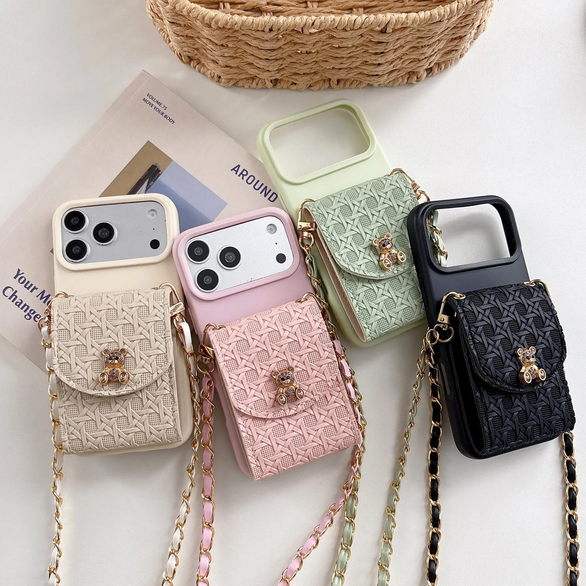 Women's Lightweight Patterned Woven Texture Variant Crossbody Card Holder Smartphone Case - Compact, Shockproof, Anti-Drop, Multifunctional Accessory with Precise-Fit Cover for iPhone 11-17 Pro Max