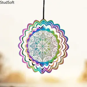 10cm Colored Plating Mandala Flower Wind Spinner, 3D Visual Effect Stainless Steel Mirror Reflective Garden Decor