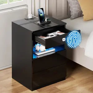 HOMMPA LED Nightstand with Fingerprint Lock Drawer, Nightstand with Charging Station, Smart Night Stand, Bedside Table w/ LED Lights & High Gloss Surface, Side Table for Bedroom/Living Room, Black