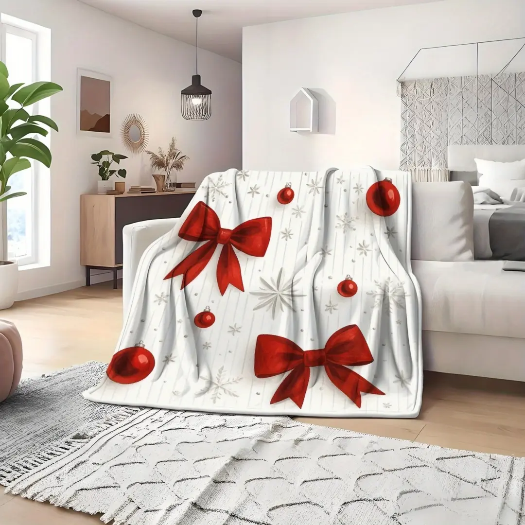 Blanket Flannel Ultra-Soft and Warm Throw, 280gsm Blanket for Couch, Bed, Red Bows And Snowflakes Design, Lightweight, Machine Washable, office student dormitory nap blanket home sofa cover blanket, Cozy Gift Id
