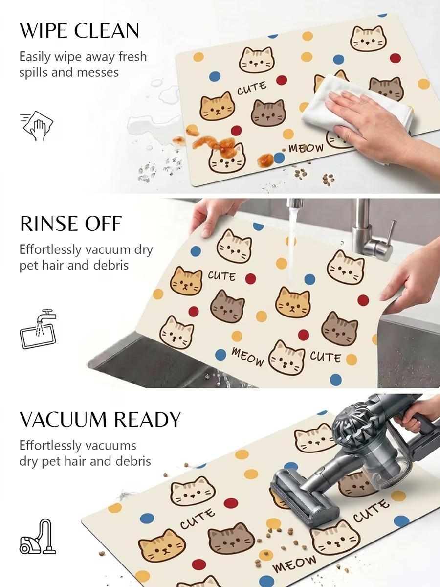 furrybaby Cute Cartoon Face Waterproof Leather Dog & Cat Placemat, Small/Medium Pet Placemats for Easy Clean Meals, Mess Proof Multicolor Feeding Accessory
