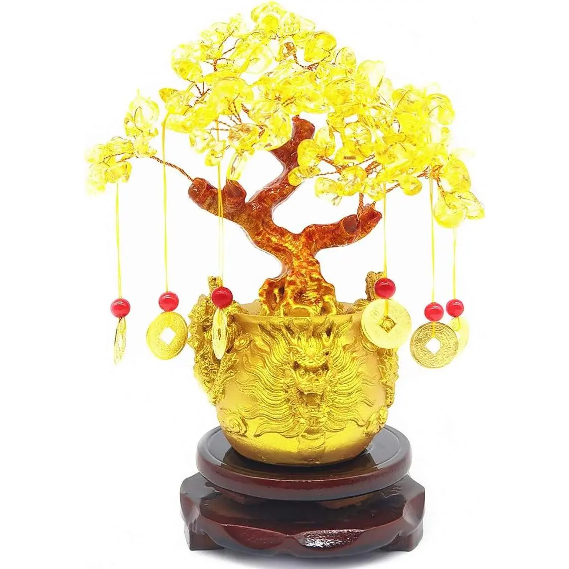 Citrine Quartz Crystal Money Tree Bonsai - Handmade Craft with Crystal Leaves, Dragon Pot Fengshui Home Decor, Coffee Table/Table Decor, Ideal Gifts for Mom for Luck and Wealth