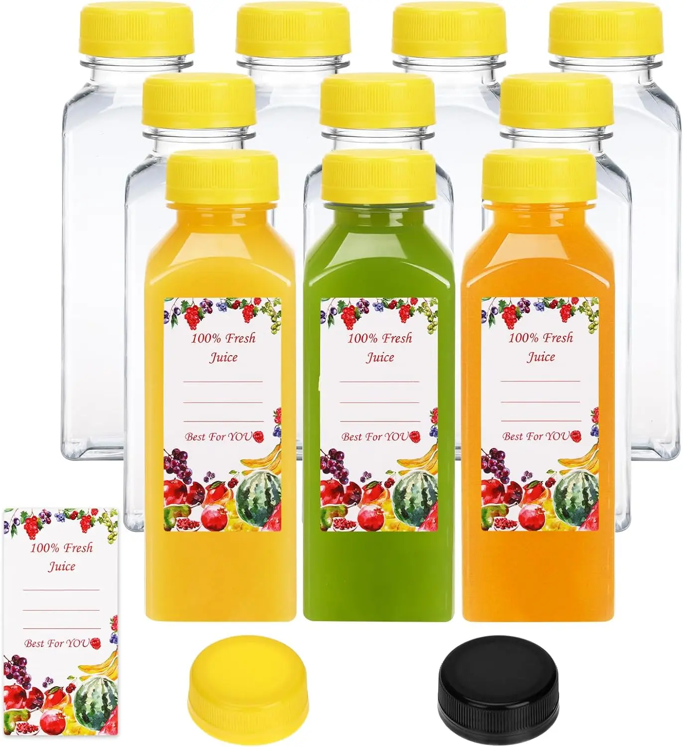 10pcs 12oz Plastic Rectangle Drink Bottles with Colorful Tamper-Evident Leak-Proof Black-Yellow Caps, Reusable Juicing & Kitchen Preserving Containers, with Organizer Brush (Yellow)