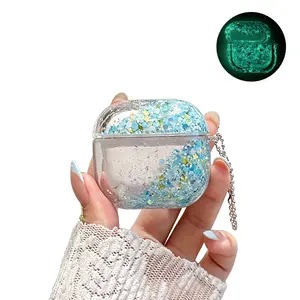 Luminous Glitter Quicksand Case, Clear Liquid Sparkle Protective Cover for AirPods 1/2/3/4/Pro 2/3 Cute Hard Shell with Chain