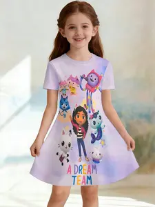 Girls' Base Gabby Team Full Print Dress, Cartoon Dream Team Short Sleeve A-Line Dress, Summer Casual Dress, Birthday Gift, Festival Gift