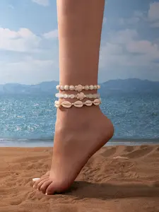 Boho Shell Knit Turquoise Turtle Beaded Anklet Set, Adjustable Multi-Layer Women's Foot Jewelry, Stylish Accessory for Casual Wear