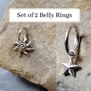 2 Belly Button Hoop Rings Sun Star Goth Silver Tiny Clicker Celestial Steel Y2K Hippie Boho navel  piercing jewelry set moon 14g 16g gauge