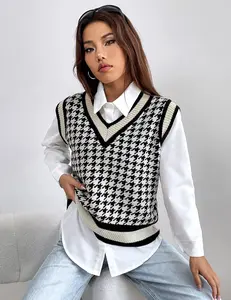BreathSunny Women's V Neck Knit Sweater Vest Fall Houndstooth Sleeveless Pullover Crop Knitwear Preppy Style Tank Tops 2024
