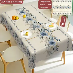 Vintage Floral Print Tablecloth, Blue Polyester, Ideal for Kitchen Dining, Outdoor Activities, Picnic, Garden Party