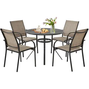 AECOJOY 5 Piece Patio Table and Chair Set for 4, Outdoor Dining Set Includes 37.25" Round Table with 1.73" Umbrella Hole and 4 Stackable Textilene Chairs, for Garden, Backyard and Poolside, Dark Gray