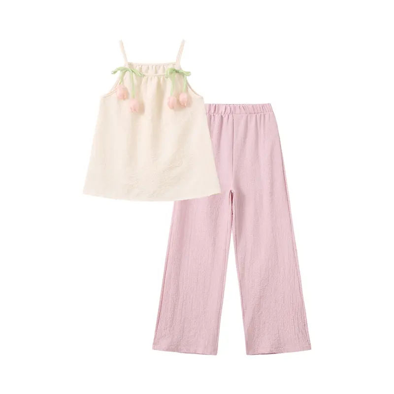 2-Piece Summer Set For Girls Fresh And Airy Style With 3D Tulip Flower Embellishments, Tank Top, And Loose-Fit Pants A Sweet Outfit For Kids Breathable Set Shirred Set Cute Clothing Set Matching Set Flora Set