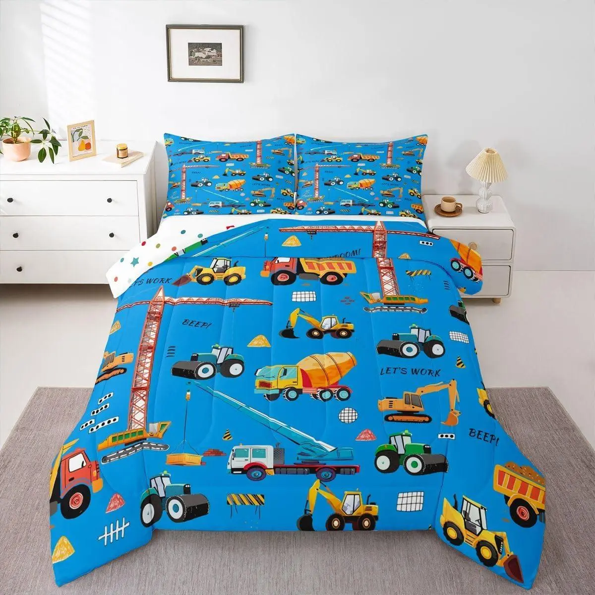 Blue Excavator Comforter Set,Construction Truck Bedding Set for Kids Boys Girls Equipment Bulldozer Crane Comforter Tractor Machinery Vehicle Quilt Bedroom Decor