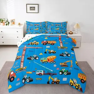 Blue Excavator Comforter Set,Construction Truck Bedding Set for Kids Boys Girls Equipment Bulldozer Crane Comforter Tractor Machinery Vehicle Quilt Bedroom Decor