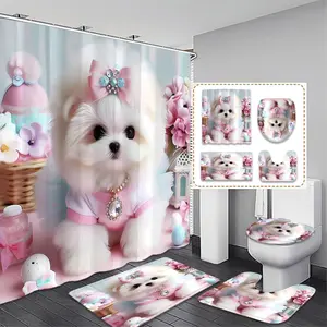 Cute Pet Theme Bathroom Decor Set, Includes Shower Curtain, Mat, Toilet Lid Cover, Waterproof, 12 Hooks, Christmas Gift, Shower Curtain Sets