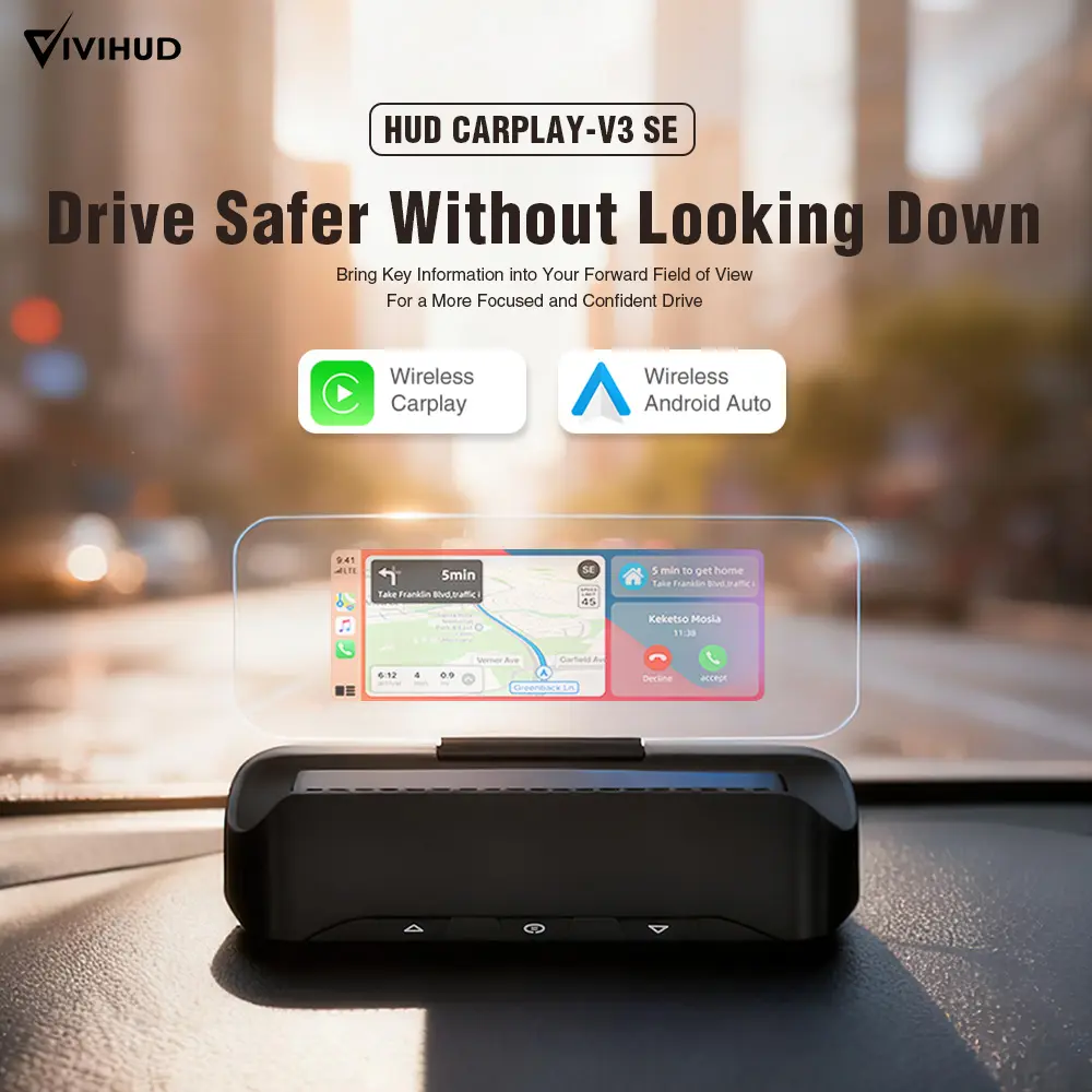 Wireless CarPlay HUD Head up Display Multi-Function Smart Projector Plug-and-Play with Navigation Music Brightness Adjustment