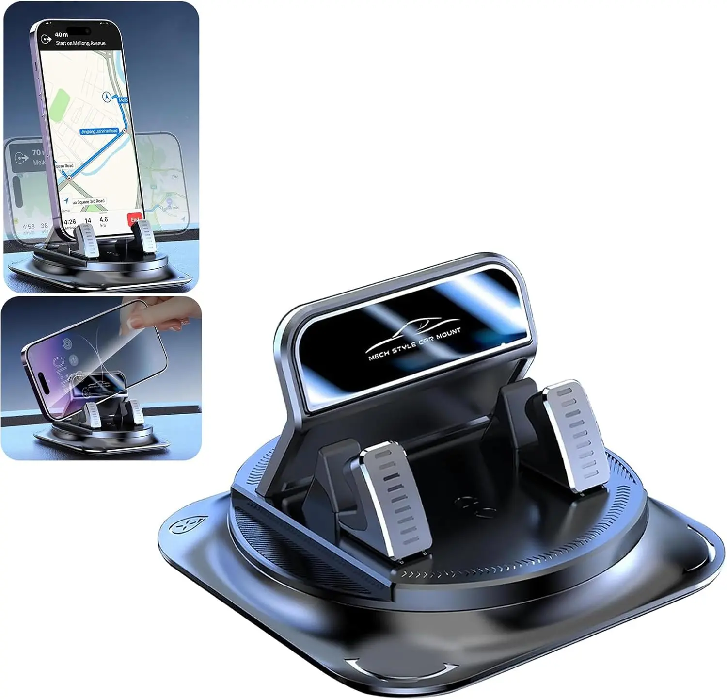 Car Dashboard Bracket Mount with Rotating Dashboard Clip, 360-Degree Rotating Bracket, Adjustable Angles, Double-Layer Non-Slip Silicone Adhesive Pads, Simple Install, Car Interior Accessory for iPhone/Android Horizontal/Vertical Navigation Fit, AC Vents