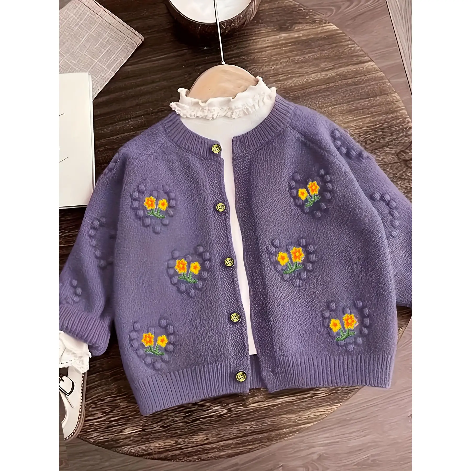 Girls' Embroidered Knitted Cardigan, Long Sleeve Button-Front Sweater Top for Fall and Christmas Holiday, Child-Sized Girls' Cardigans, Girly Girls' Cardigans