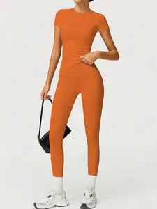 Women's Sporty High-Waisted Slim-Fit Short Sleeve Top & Pants Set, Workout Running Outfits, Comfortable Yoga Workout Running Clothes for All Seasons, Plain Design