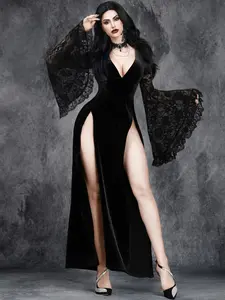 Gothic Vintage Deep V Lace Patchwork Velvet Split Flare Sleeve Long Fitted Slimming Dress, Casual All-Seasons Wear, No Accessories Included