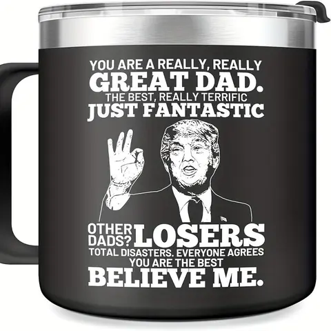 14Oz (0-500ml) Temperature-Insulated Stainless Steel Dad Tumbler for Adults, Leak-Proof Lid, Easy-Grip Portable Casual Reusable Coffee Mug, Novelty Trump-Print Fathersdaygift with Black-Trophy/Blue-Armcandy Designs, Sohochic Sip Drinkware