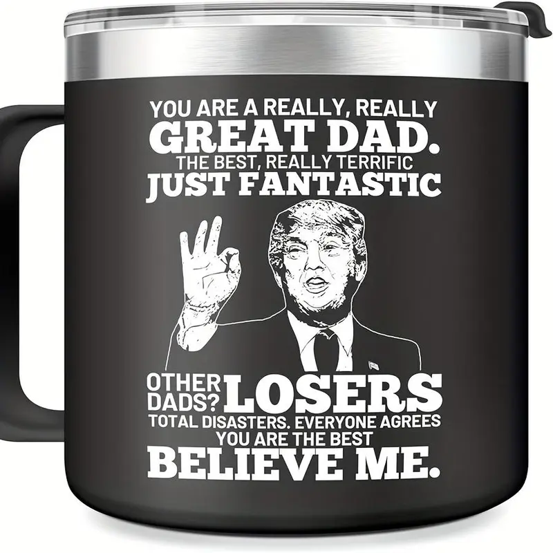 14Oz (0-500ml) Temperature-Insulated Stainless Steel Dad Tumbler for Adults, Leak-Proof Lid, Easy-Grip Portable Casual Reusable Coffee Mug, Novelty Trump-Print Fathersdaygift with Black-Trophy/Blue-Armcandy Designs, Sohochic Sip Drinkware