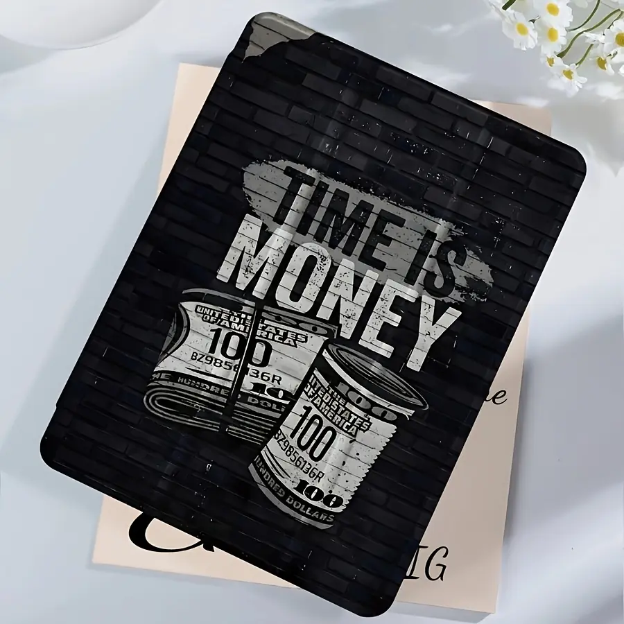 Time is Money Compatible Black Case iPad Foldable Cover, Soft Drop Protection with Pencil Holder/ Stand/ Auto Sleep/ Wake Function, Suitable for iPad 11/ 10/ 9/ 8/ 7/ 6/ 5th 9. 7/ 10. 2/ 10. 9 inch, iPad Air 7/ 6/ 5/ 4/ 3/ 2/ 1 Computer Tablet