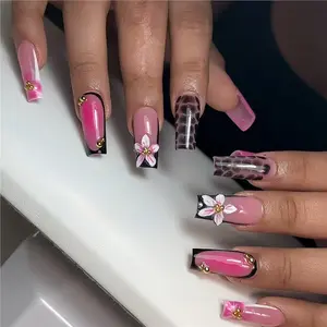 24 Pcs Gradient Square Nails, Leopard Print Flower Design, Gold Rhinestones, Glossy Finish, Nail Tips Art, Reusable, Free Jelly Glue & Nail File