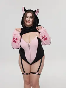 KORURACLUB Women's Cute Fox Bodysuit, Soft Colorblock Party Costume with Ear Hood, Paw-Print Sleeves and Matching Accessories
