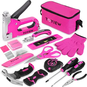 【TikTokShopHolidayHaul】33Pcs Pink Staple Gun Tool Set, 3 in 1 Upholstery Staple Gun for Wood Heavy Duty and 900 Staples, Perfect for DIY Decoration, Crafts, Carpentry, Arts, Pink Tool Kit for Women.Christmas gift sets.