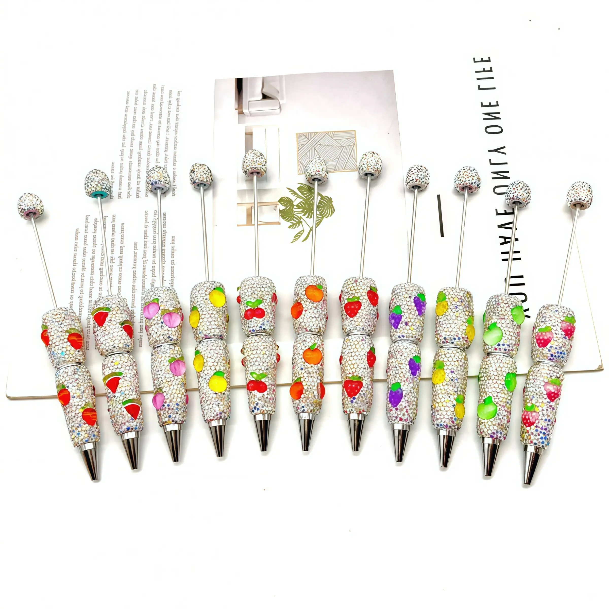 Fruit Rhinestone Beaded Pen, Rollerball Pen Set, Strawberry Watermelon Pineapple Lemon Design, Random Send, Cute Shape, Smooth Writing, Rotating Design, Unique Pens, Writing Stationery