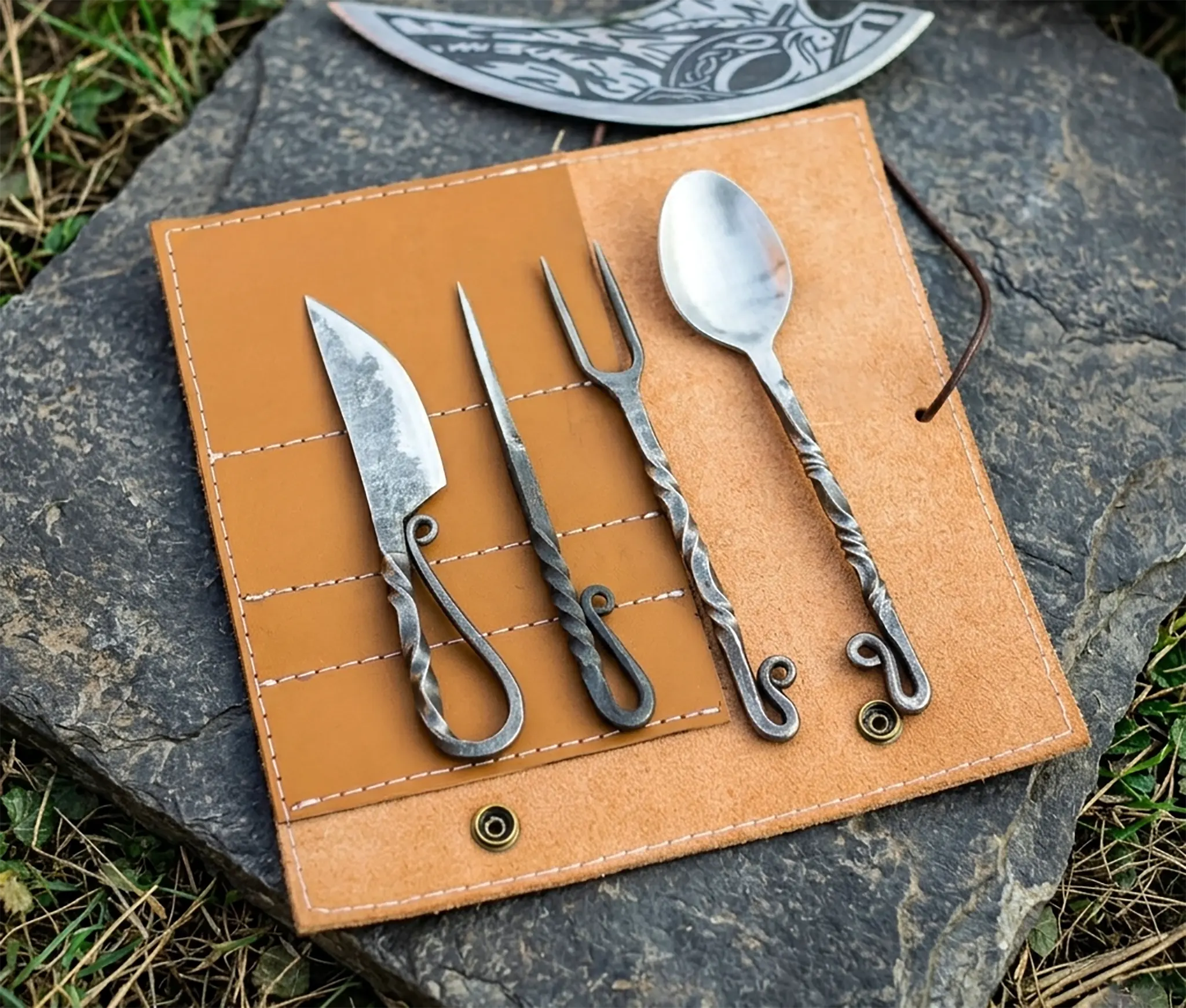 Hand Forged Viking Carbon Steel Cutlery Set with Traditional Rustic Tableware Fork - Medieval Bushcraft Kit with Faux Leather Roll
