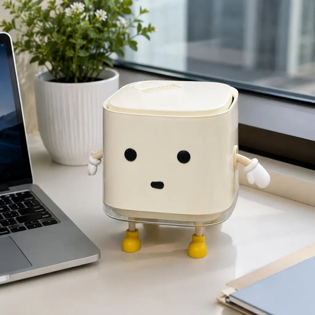 Robot Kawaii Smart Touchless Tabletop Garbage Bin - Compact PP Shell, Locking Odor Lock, Non-Slip, Stain-Resistant, Slim Decorative Space-Saving Waste Container for Student, Home Office Everyday Use (Single Unit)