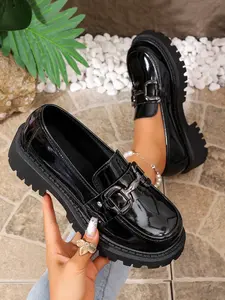 Glossy Metal Buckle Thick Sole Loafers, British Style Heeled Platform Shoes, College Wind Jk Uniform Versatile Commuter Leather Shoes, Soft Comfortable Soles