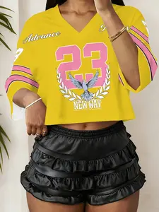 Vintage 90s Dove Print Women's Short Sleeve Crop Jersey, Colorblock V Neck, Loose-Fit Sporty Streetwear T-Shirt