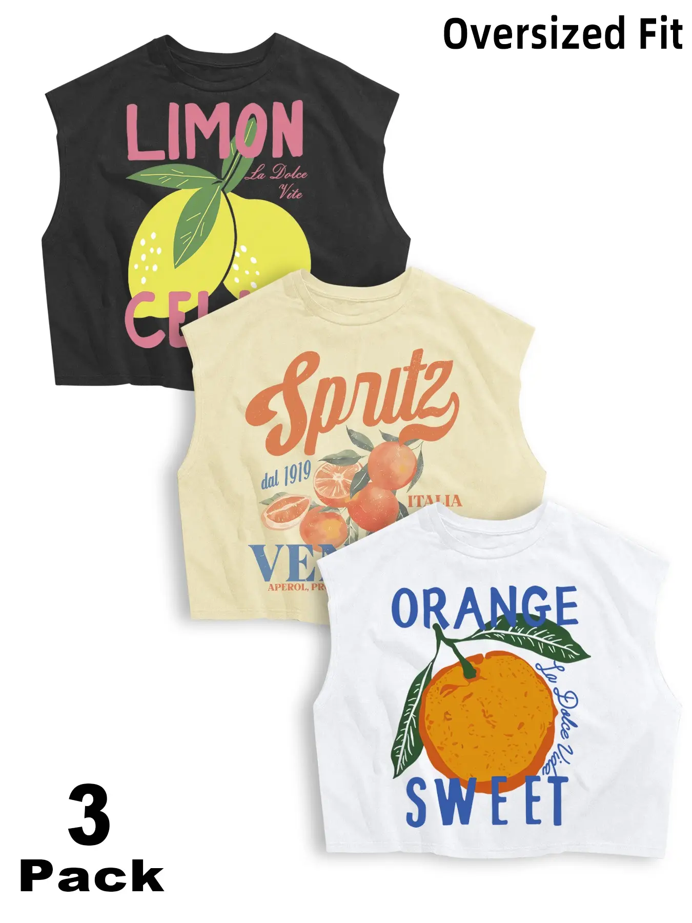 Women's 3-Pack/1-Pack Cropped Tank Tops, 2026 Summer Oversized Sleeveless Muscle Tees, Trendy Fruit Graphic (Limoncello Spritz Orange) Print Crew Neck Casual Crop Tops, Daily Beach Vacation Streetwear, TikTok Viral Aesthetic Summer Tops