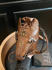 Vintage Punk Style Horse Head Crossbody Bag, Rivet Decor + Drawstring Design, Trendy Streetwear & Party Backpacks for Women