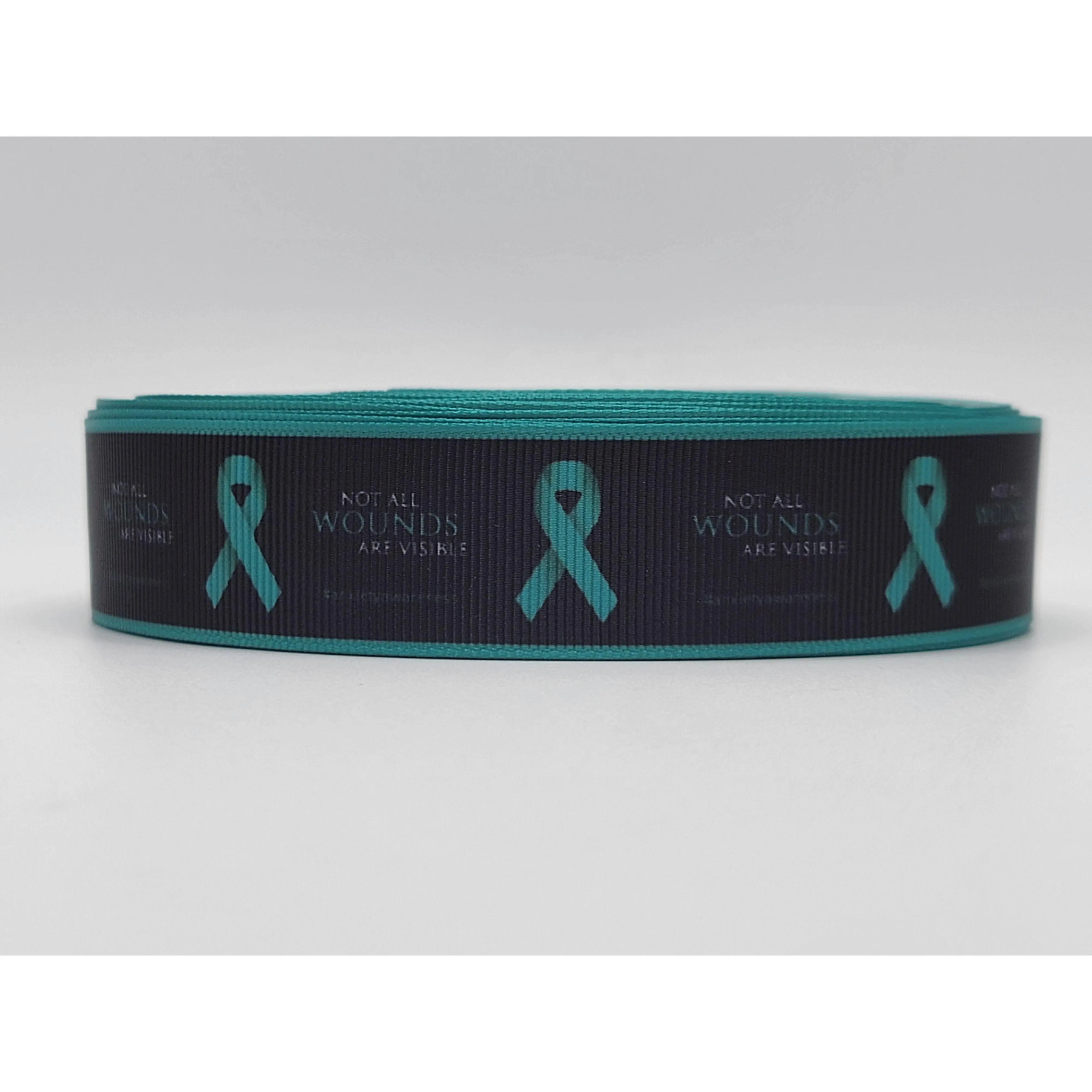 PTSD Awareness - Teal & Black Grosgrain Ribbon 1" Width - By the yard