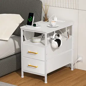 Nightstand with LED Charging Station, Modern Bedside Table with 2 Storage Drawers, Metal Frame & Wood Shelf, White End Table for Bedroom, Living Room, Entryway, Dorm