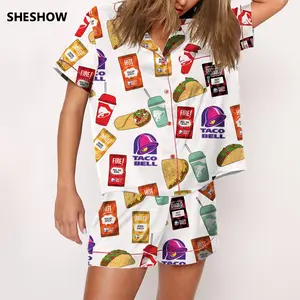 Taco Bell Satin Pajama Set for Women, Short Sleeve Silky Sleepwear, Cute Fast Food Lounge Outfit, Novelty Gift Idea