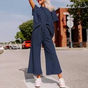 Navy Blue Textured Loose Fit T Shirt and Drawstring Pants Set