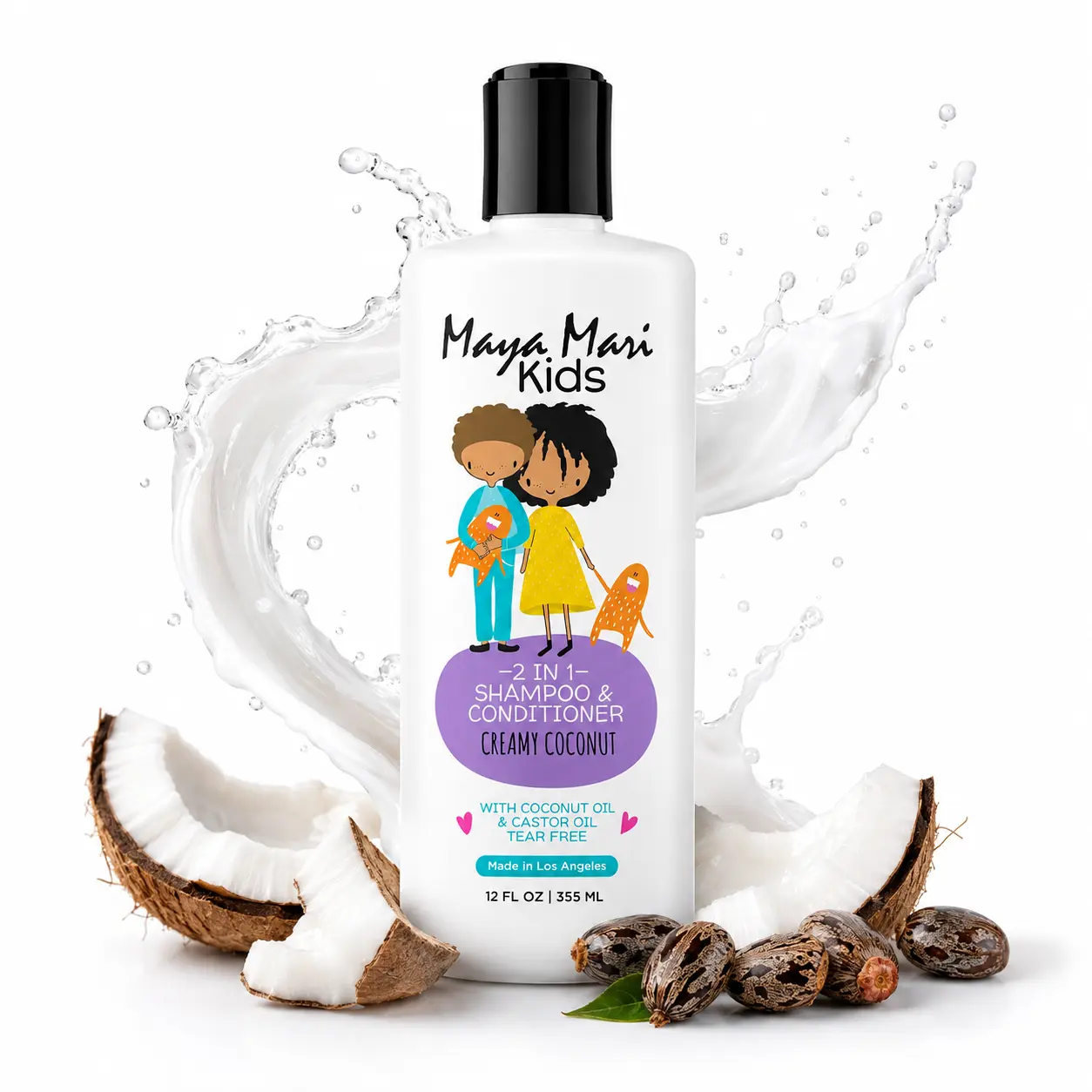 Maya Mari Kids 2-in-1 Shampoo and Conditioner - 12 oz Tear-Free Hydrating Cleanser, Coconut & Castor Oil, Creamy Coconut Lime Scented, Detangles, Moisturizes, Gentle for Silky Smooth Wavy Hair, Animal-Free Trials, Curly Hair Routine Friendly
